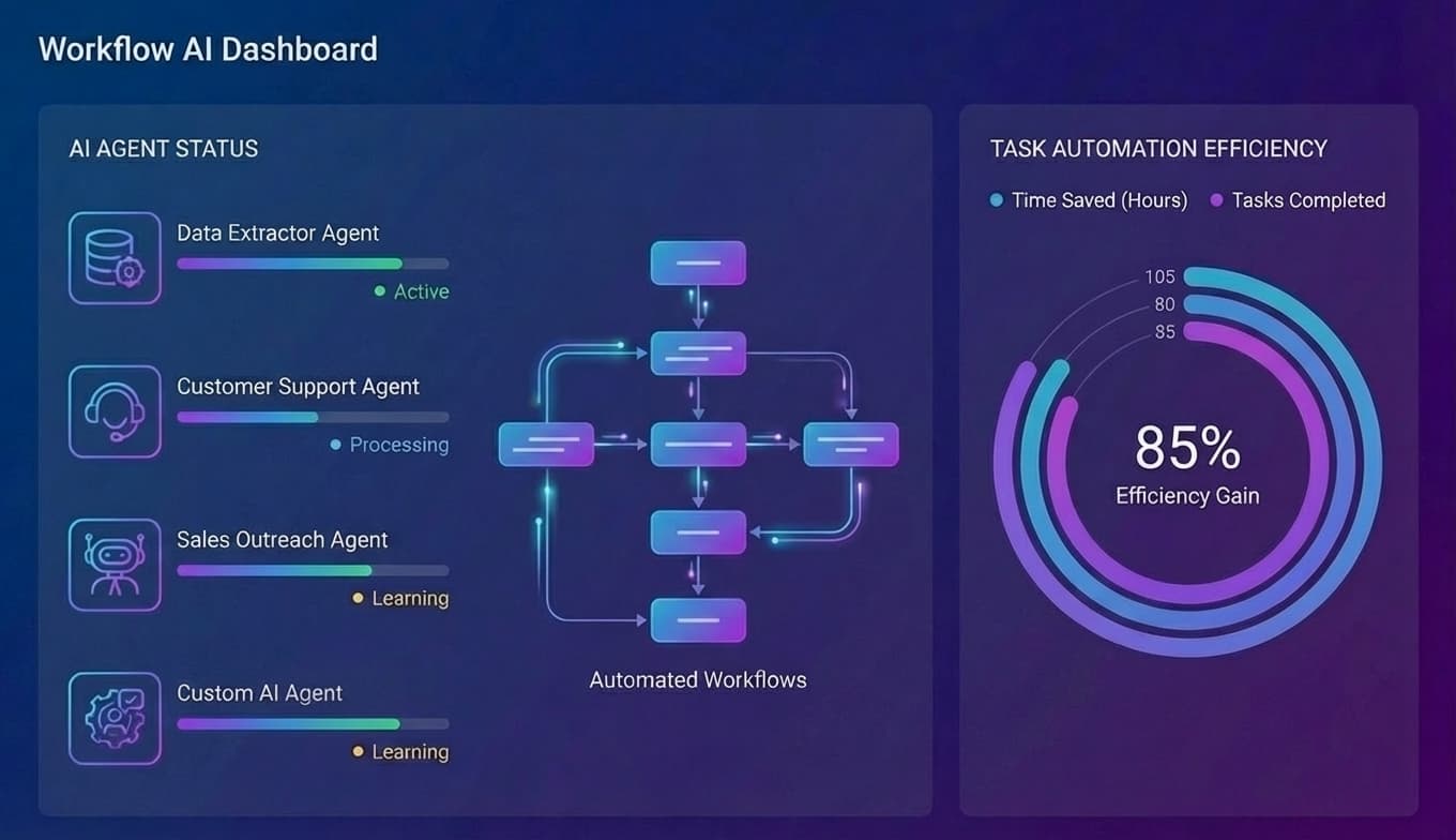 A sleek dashboard showing automated workflow processes with AI agents.