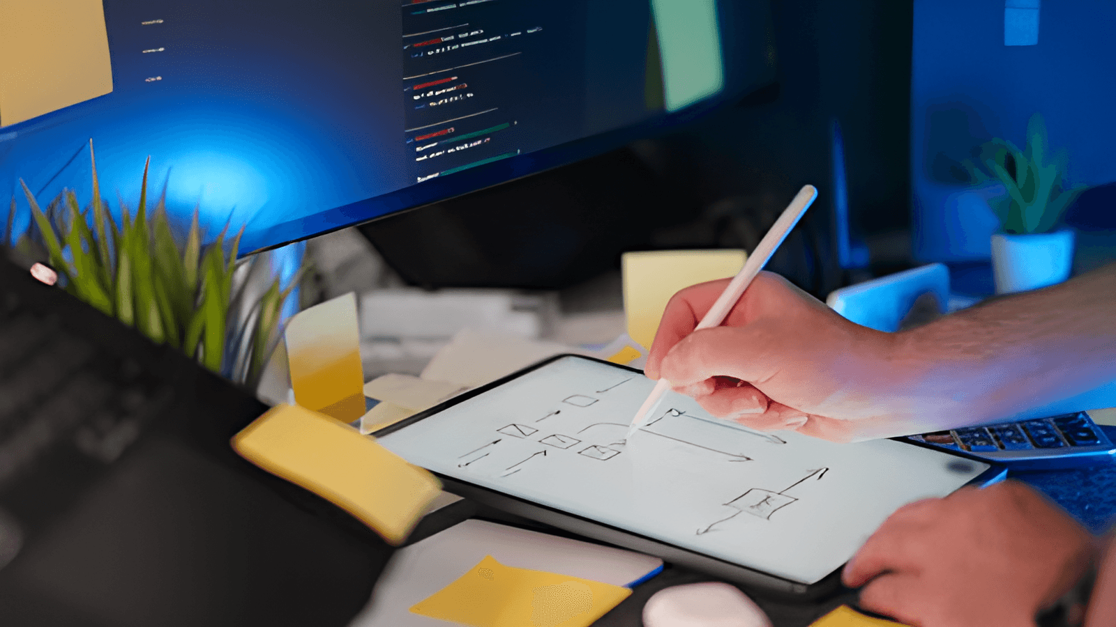 Someone is drawing on a tablet at their desk.